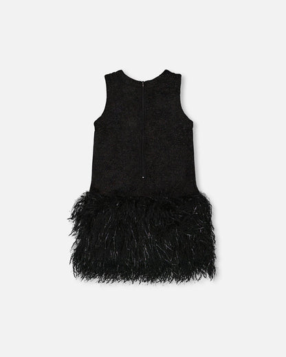 Sleeveless Bi-Material Lurex Dress With Feathers Black-2