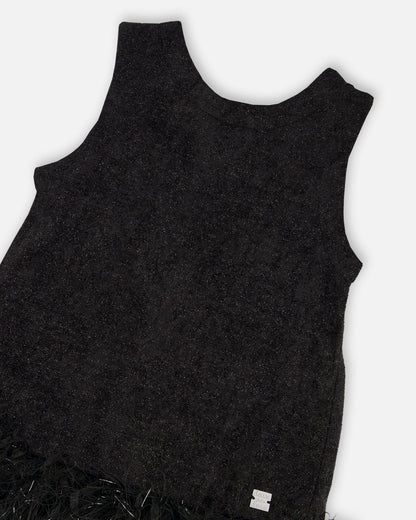 Sleeveless Bi-Material Lurex Dress With Feathers Black-3