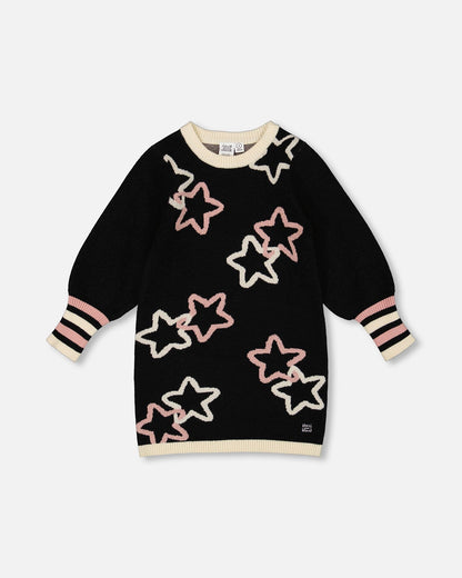 Long Sleeve Knit Dress Black With Stars-0
