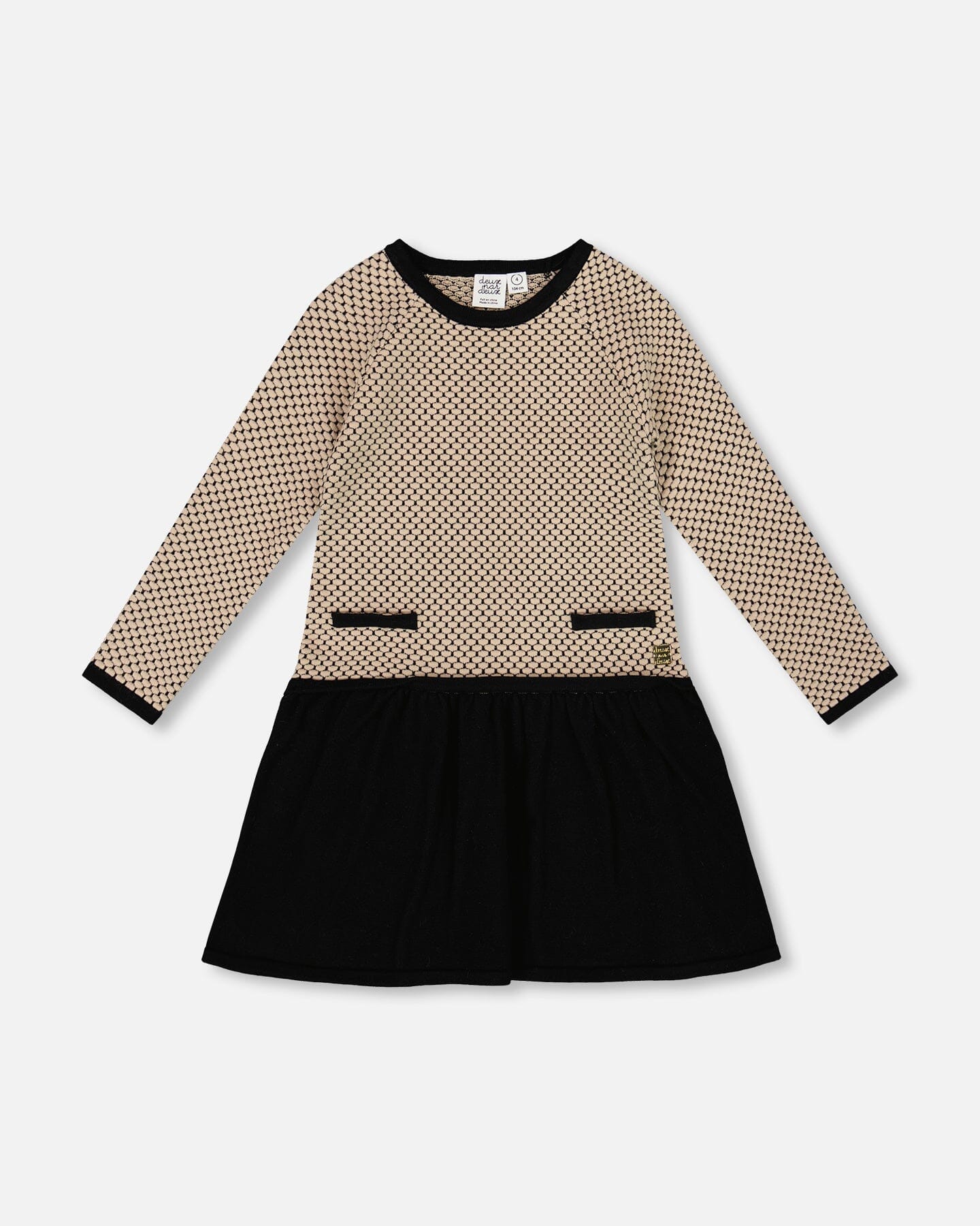 Long Sleeve Knit Sweater Dress Black And Beige-0