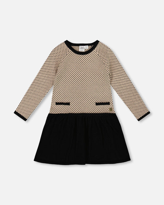 Long Sleeve Knit Sweater Dress Black And Beige-0