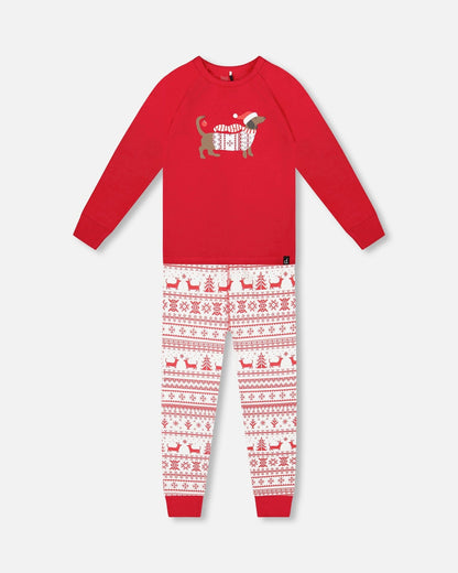 Organic Cotton Two-Piece Pajama Set Red And White Fairisle-0