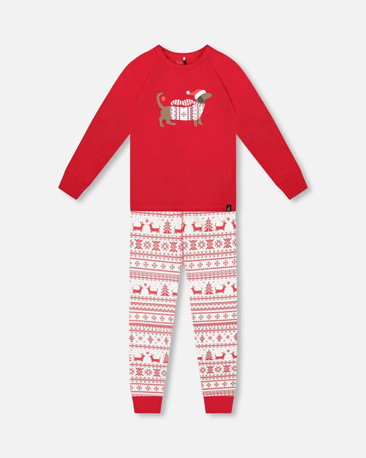 Organic Cotton Two-Piece Pajama Set Red And White Fairisle-0