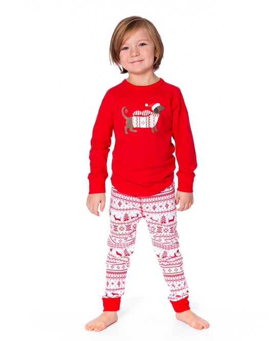 Organic Cotton Two-Piece Pajama Set Red And White Fairisle-1
