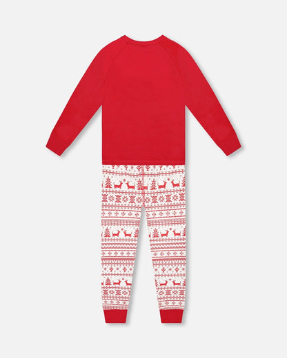 Organic Cotton Two-Piece Pajama Set Red And White Fairisle-2
