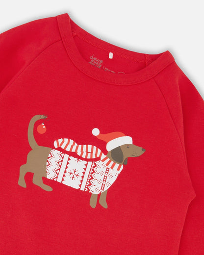 Organic Cotton Two-Piece Pajama Set Red And White Fairisle-3