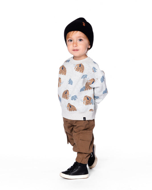 Long Sleeve Crew Neck Fleece Sweatshirt Beige Mammoth Print-1