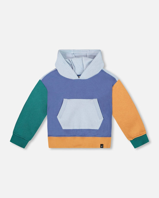 Long Sleeve Colorblocked Hooded Fleece Sweatshirt Blue-0
