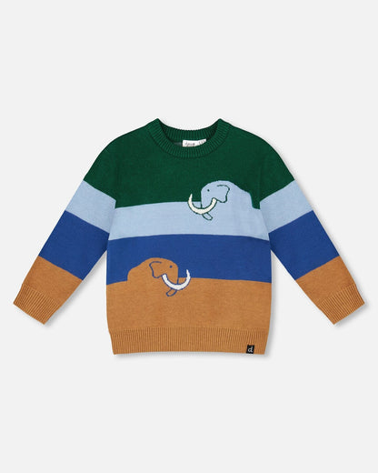 Long Sleeve Knit Sweater Blue, Green And Brown-0