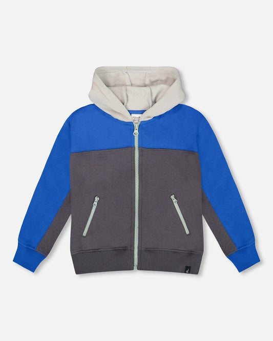 Color Blocked Zip Front Fleece Hoodie Dark Gray-0