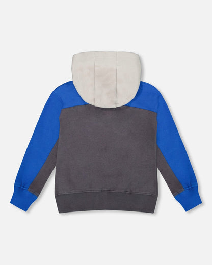 Color Blocked Zip Front Fleece Hoodie Dark Gray-2