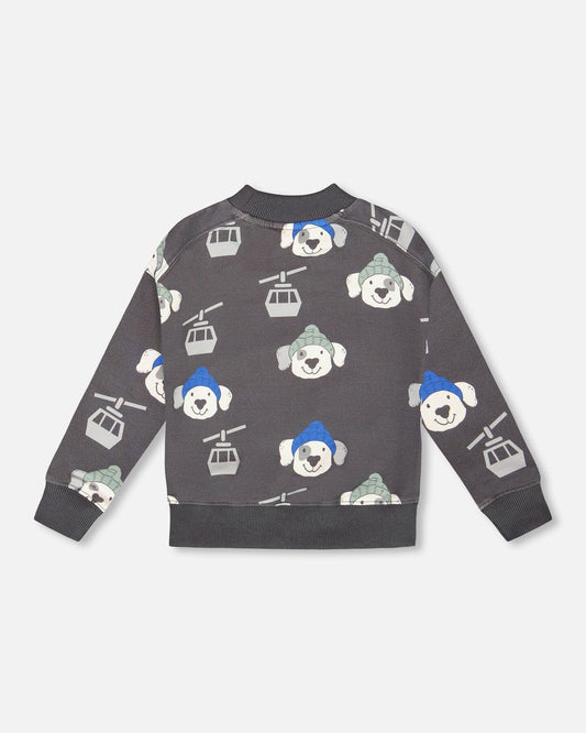 Fleece Pullover Sweatshirt Gray Dog Print-1