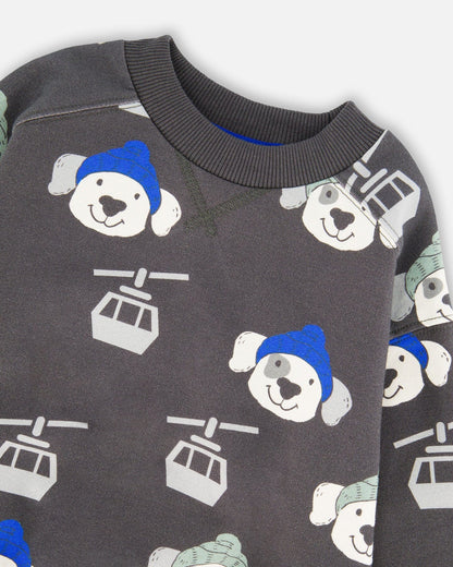 Fleece Pullover Sweatshirt Gray Dog Print-2