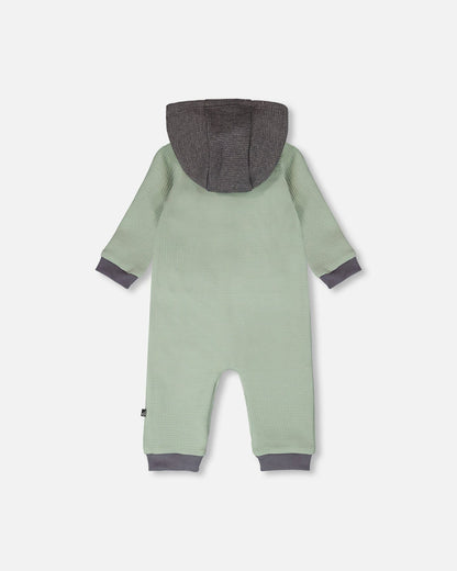 One-Piece Waffle Romper With Pocket Jade Green-1