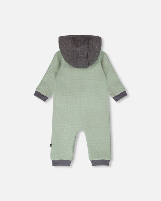 One-Piece Waffle Romper With Pocket Jade Green-1