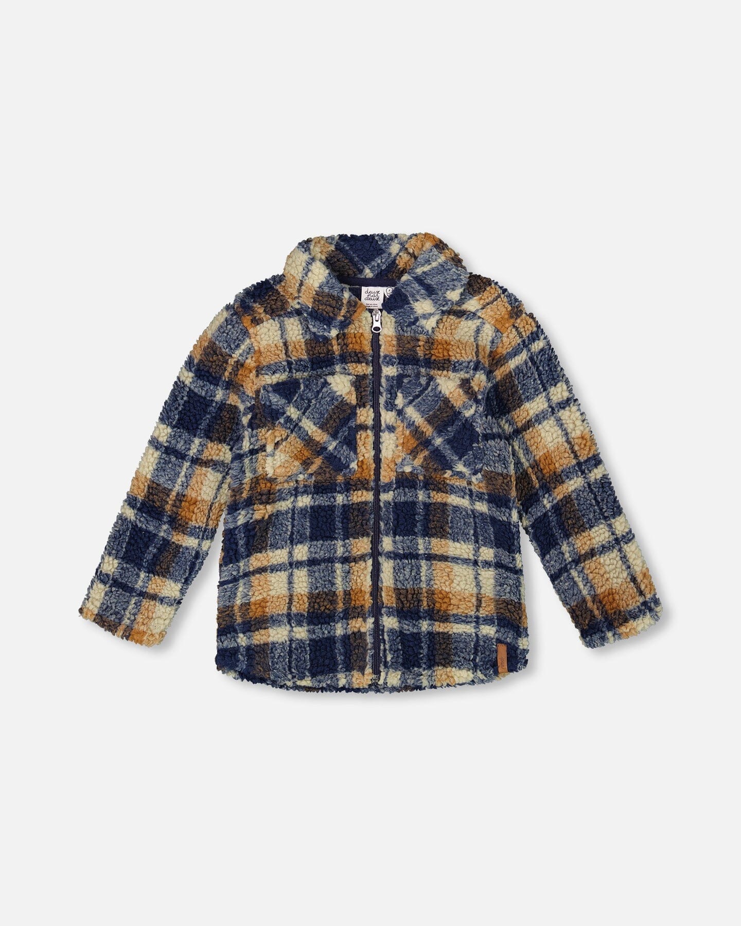 Sherpa Long Sleeve Zip Front Overshirt Blue And Brown Plaid-0
