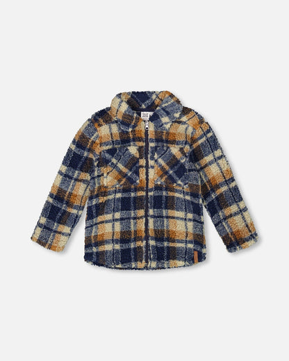 Sherpa Long Sleeve Zip Front Overshirt Blue And Brown Plaid-0