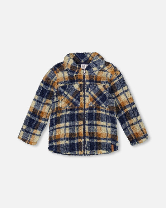 Sherpa Long Sleeve Zip Front Overshirt Blue And Brown Plaid-0
