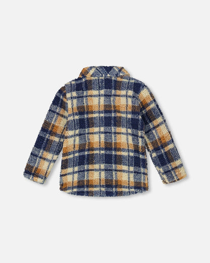 Sherpa Long Sleeve Zip Front Overshirt Blue And Brown Plaid-2