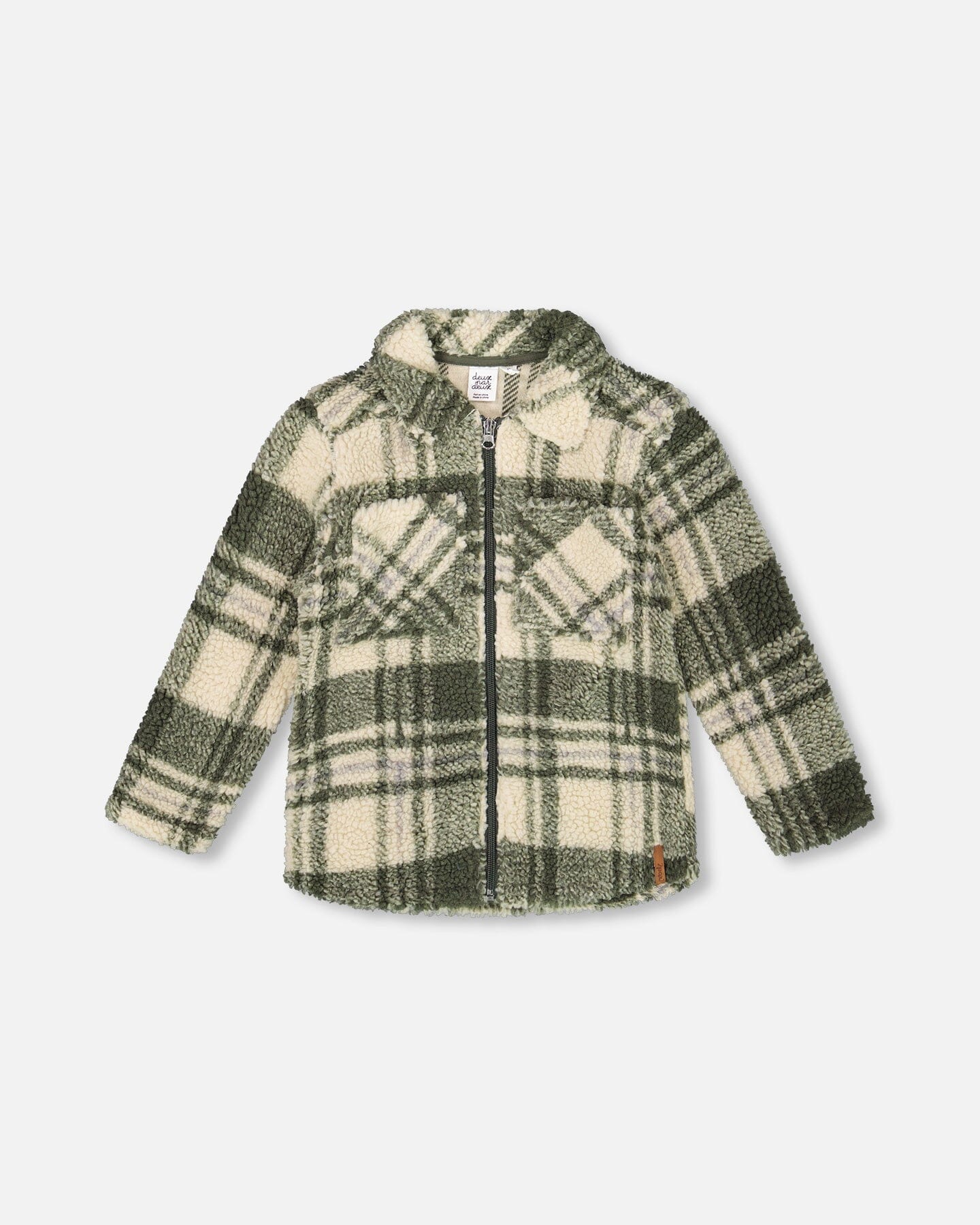 Sherpa Long Sleeve Zip Front Overshirt Sage And Beige Plaid-0