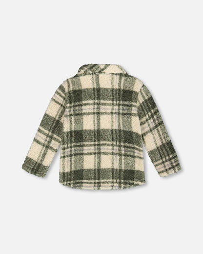 Sherpa Long Sleeve Zip Front Overshirt Sage And Beige Plaid-3