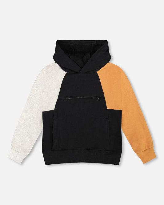 Pullover Hooded Fleece Sweatshirt With Zip Pocket Black-0