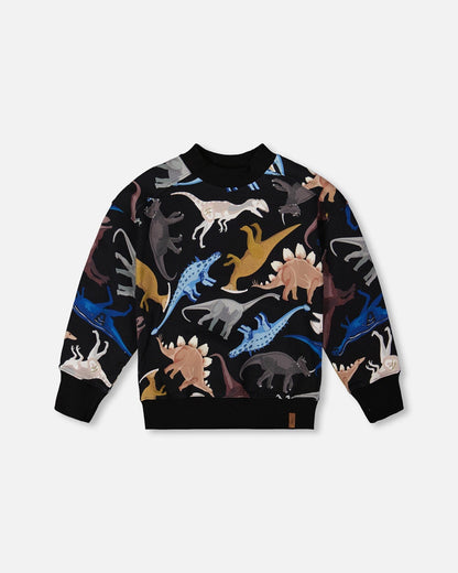 Pullover Fleece Sweatshirt Black Dinosaur Print-0