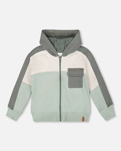 Full Zip Fleece Color Block Sweatshirt Green Gray-0
