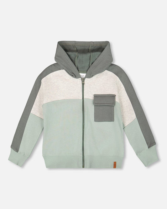 Full Zip Fleece Color Block Sweatshirt Green Gray-0