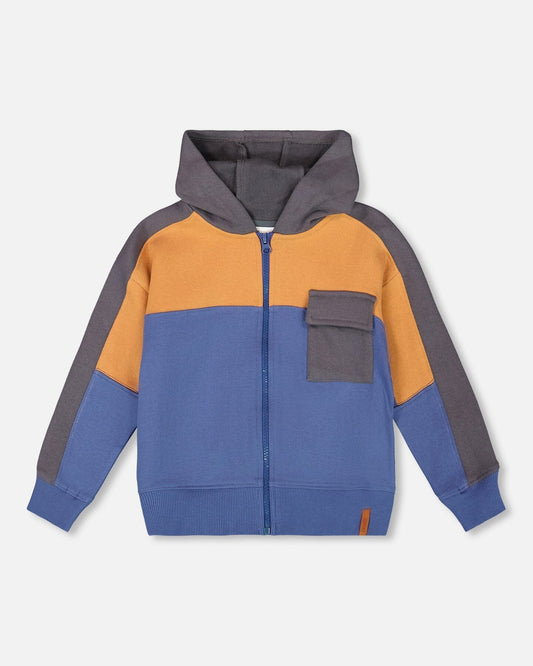 Full Zip Fleece Color Block Sweatshirt Blue-0