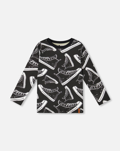 Long Sleeve Organic Cotton Allover Print Tee Black-0