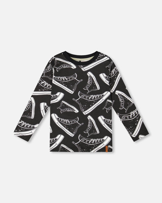 Long Sleeve Organic Cotton Allover Print Tee Black-0