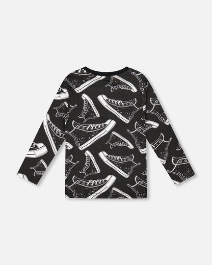 Long Sleeve Organic Cotton Allover Print Tee Black-2