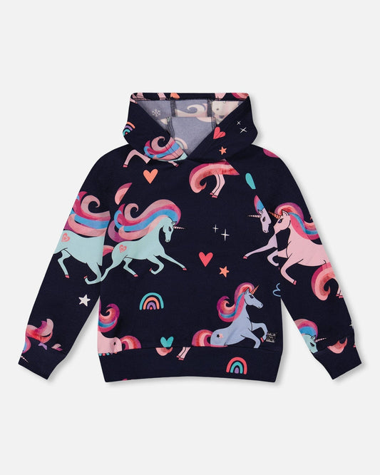 Pullover Fleece Hoodie Navy Unicorn Print-0