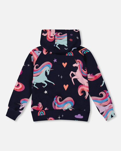 Pullover Fleece Hoodie Navy Unicorn Print-2
