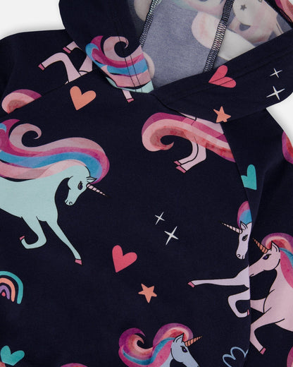 Pullover Fleece Hoodie Navy Unicorn Print-3