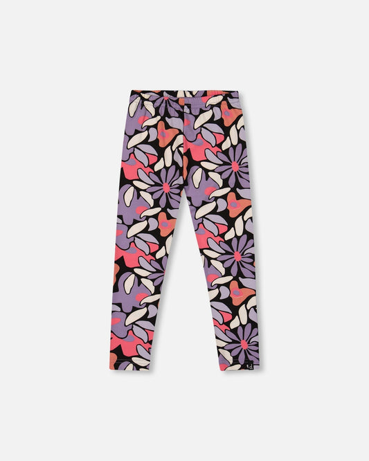 Stretch Jersey Leggings Black Retro Flower Print-0