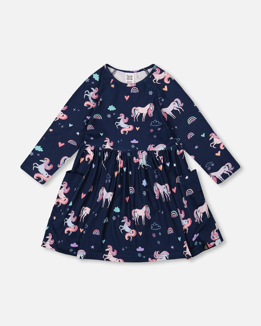 Jersey Dress With Pockets Navy Unicorn Print-0