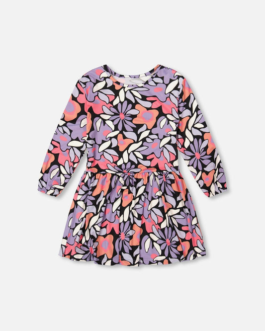 Jersey Dress Black Retro Flower Print-0