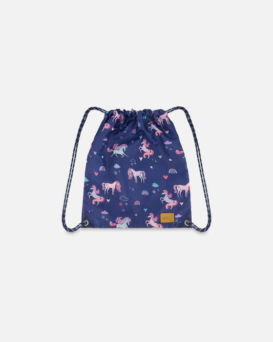 Drawstring Bag Navy Unicorn Print-0