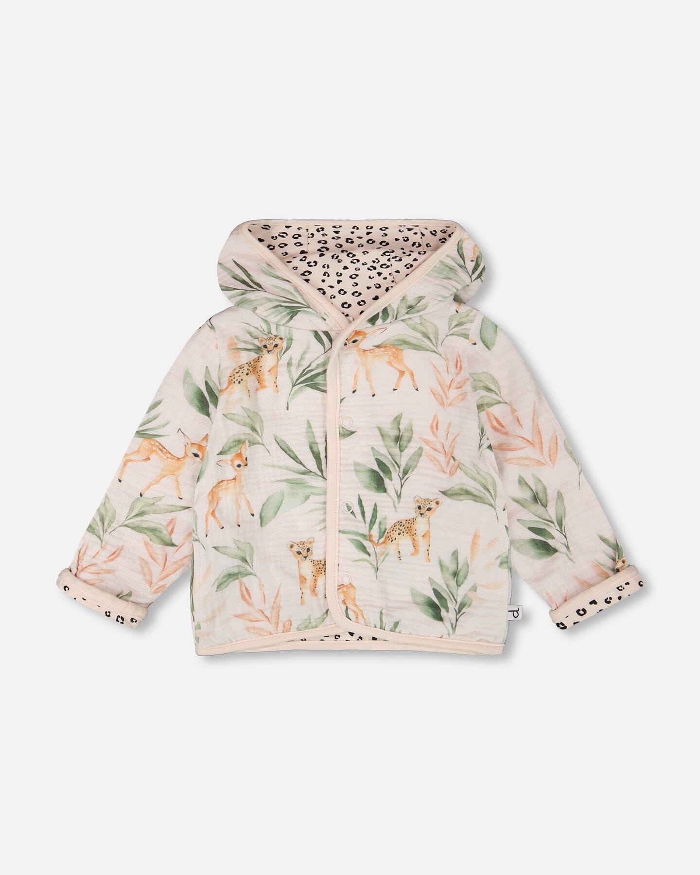 Muslin And Organic Cotton Jersey Reversible Hooded Jacket Peach Deer/Leopard Print-0
