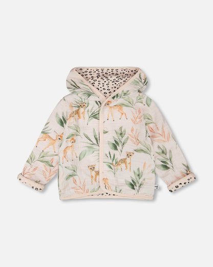 Muslin And Organic Cotton Jersey Reversible Hooded Jacket Peach Deer/Leopard Print-0