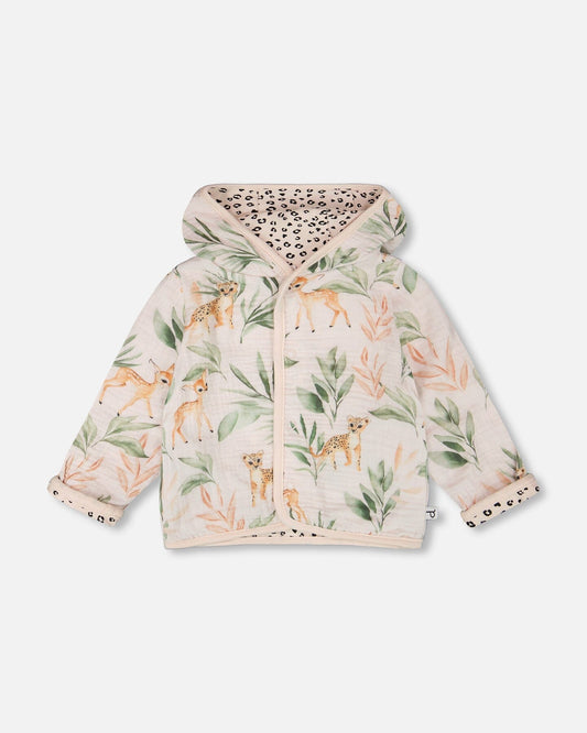 Muslin And Organic Cotton Jersey Reversible Hooded Jacket Peach Deer/Leopard Print-0