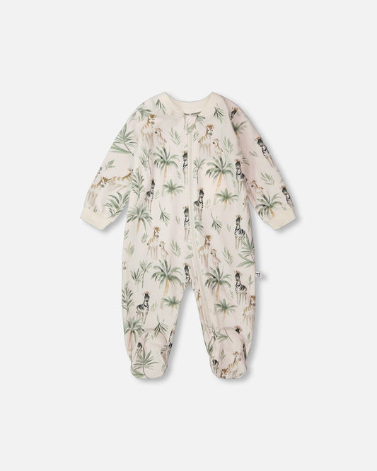 Organic Cotton Jersey One-Piece Pyjama Beige Zebra Print-0