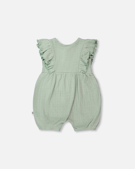 Cotton Pointelle Jersey Romper With Frills Green-1