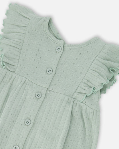 Cotton Pointelle Jersey Romper With Frills Green-2