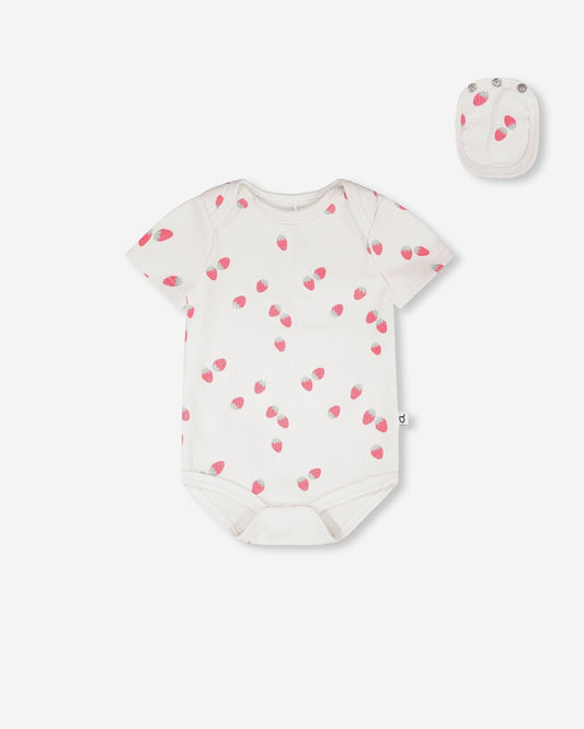 Evolutive Cotton Rib Jersey Onesie White Printed Strawberries-0