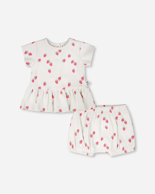 Cotton Rib Jersey Top And Short Set White Printed Strawberries-0