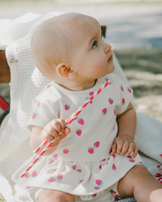 Cotton Rib Jersey Top And Short Set White Printed Strawberries-1