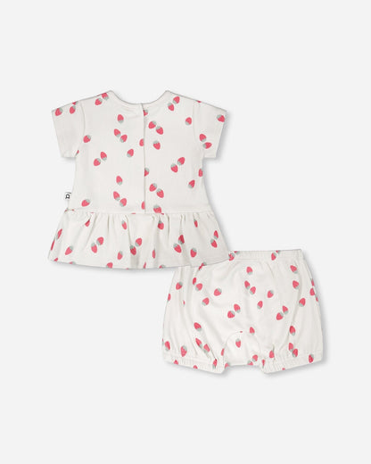 Cotton Rib Jersey Top And Short Set White Printed Strawberries-3